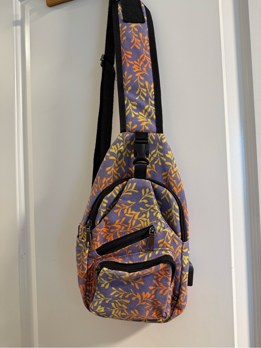 Nupouch Purple Leaf-Print Women's Sling Day Pak with Black Strap